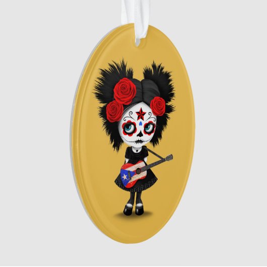 プエルトリコの旗のギターを演奏している砂糖のスカルの女の子 オーナメント (正面)