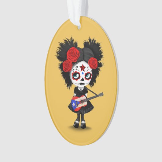 プエルトリコの旗のギターを演奏している砂糖のスカルの女の子 オーナメント (正面)