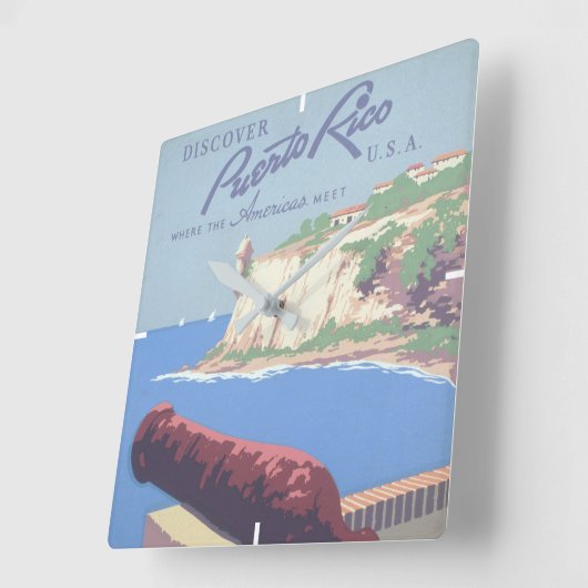 プエルトリコを宣伝するヴィンテージ旅行ポスター スクエア壁時計 (傾斜)