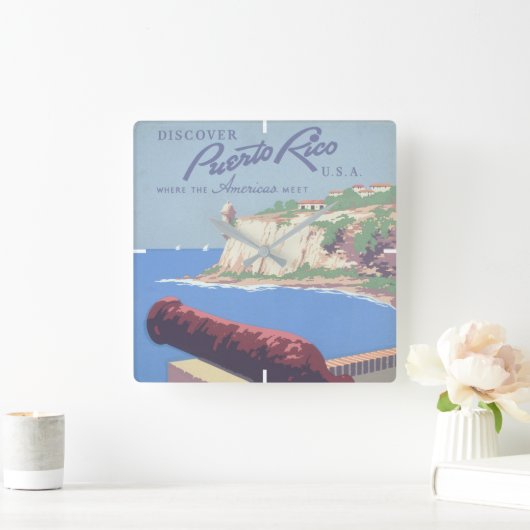 プエルトリコを宣伝するヴィンテージ旅行ポスター スクエア壁時計 (ホーム)