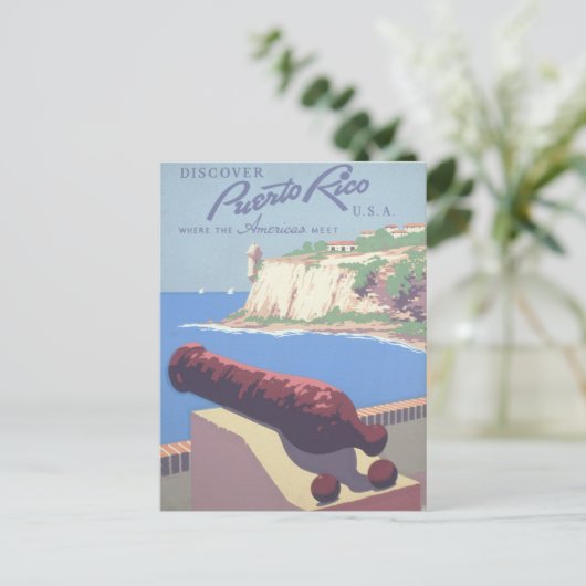 プエルトリコを宣伝するヴィンテージ旅行ポスター ポストカード (スタンド正面)