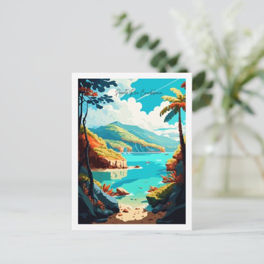 プエルトリコカリブのヴィンテージ旅行イラストレーション ポストカード (スタンド正面)