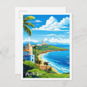 プエルトリコビーチアートヴィンテージトラベルイラストレーション ポストカード (正面/裏面)