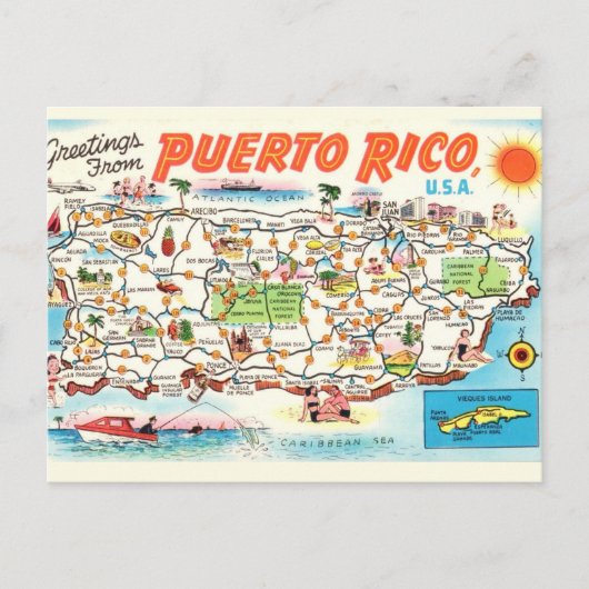 プエルトリコ古地図イラストはがき ポストカード (正面)