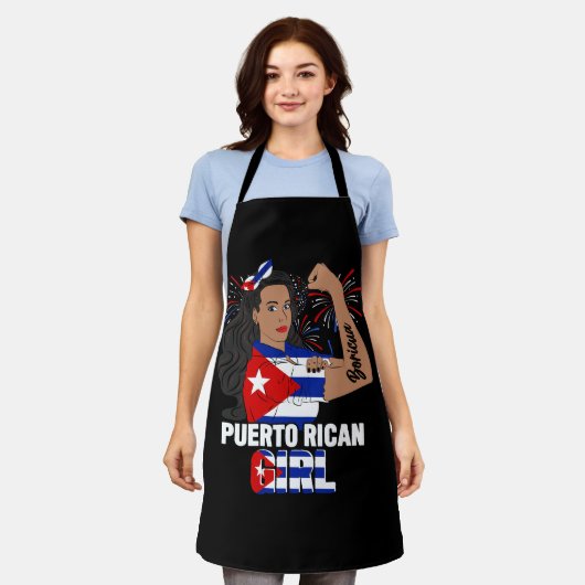 プエルトリコ国旗の強い女性プエルトリカガールボー エプロン (着用した状態)