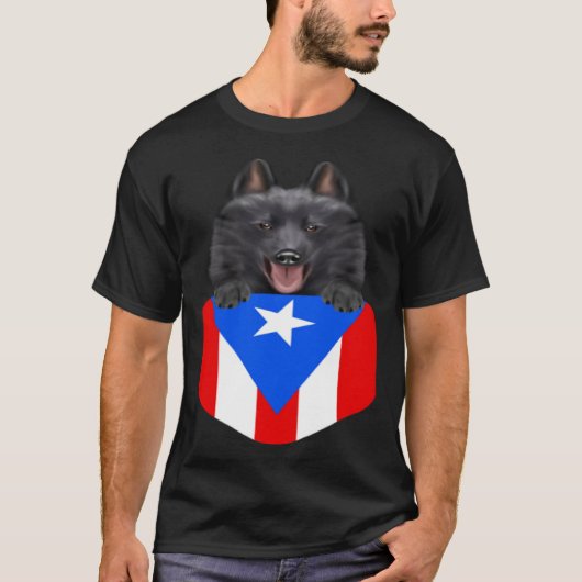 プエルトリコ国旗Schipperke犬のポケット Tシャツ (正面)