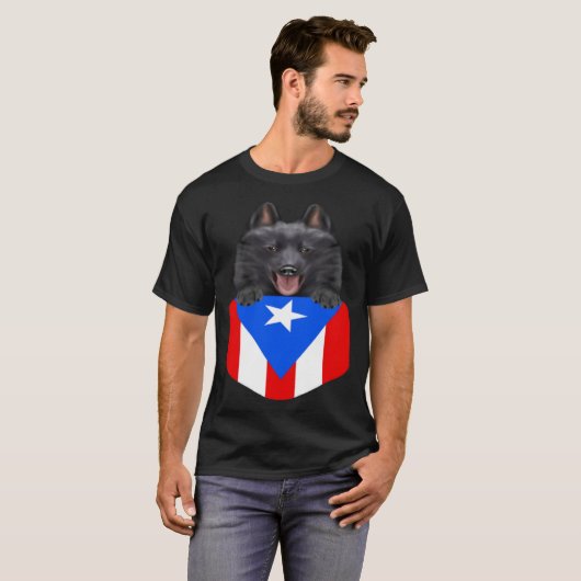 プエルトリコ国旗Schipperke犬のポケット Tシャツ (正面フル)