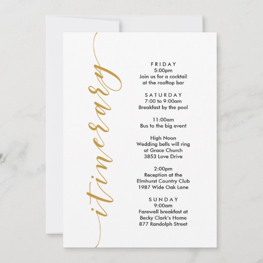 プエルトリコ結婚のウェルカムレターの旅程 (裏面)