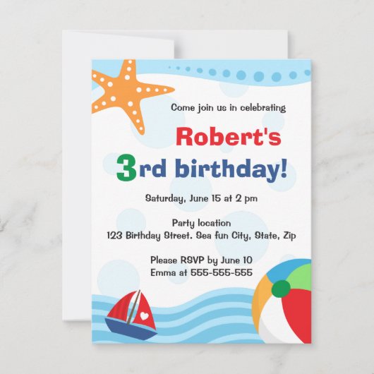 プカラフルールまたはビーチパーティの招待状子供へ 招待状 (正面)