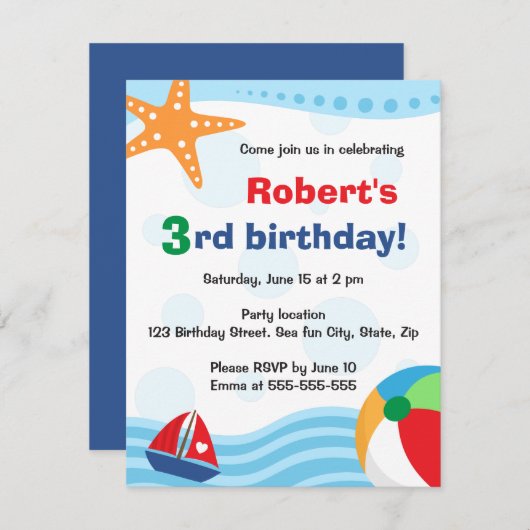 プカラフルールまたはビーチパーティの招待状子供へ 招待状 (正面/裏面)