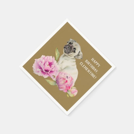 プグと牡丹 | 水の色絵を描の | バースデー スタンダードカクテルナプキン (角)