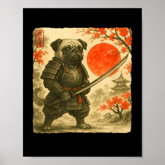 プグサムライ 日本の武士のコスチューム 墨絵アート 風 ポスター (正面)
