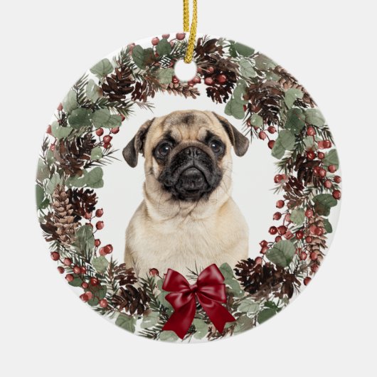 プグドグレッドボウピネコンリース パーソナライズされた セラミックオーナメント (正面)