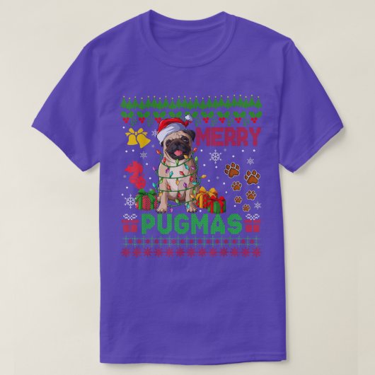 プグメリーマスクリスマスライトサンタパグドッグファミリー Tシャツ (デザイン正面)