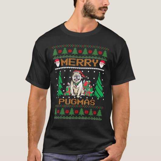 プグメリーマスクリスマス醜いセーターpugファミリーパ tシャツ (正面)