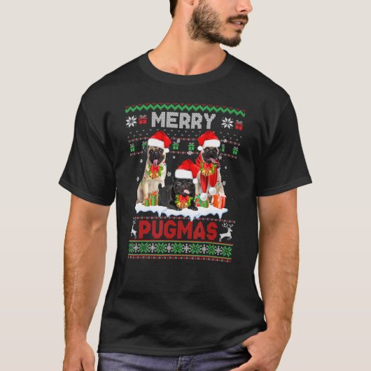 プグメリーマスクリスマス醜いセーターpugファミリーパ tシャツ (正面)