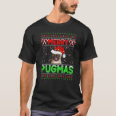 プグメリーマスサンタプグドッグクリスマス照明醜いプグ Tシャツ (正面)