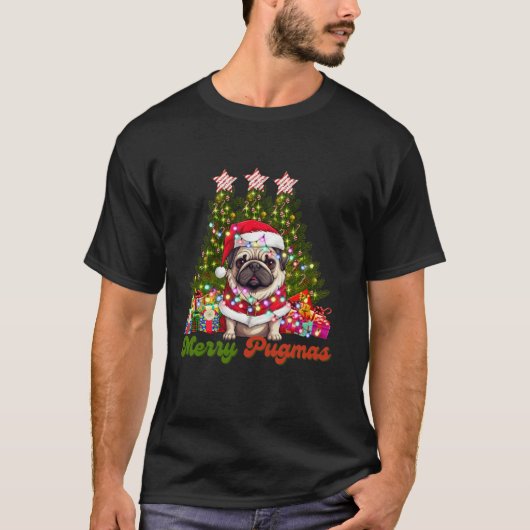 プグメリーマスサンタプグ犬の恋人クリスマスライト Tシャツ (正面)
