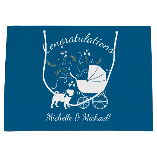 プグ犬の赤ちゃんシャワー少年ブルーと弓 ラージペーパーバッグ (正面)