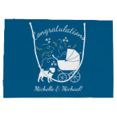 プグ犬の赤ちゃんシャワー少年ブルーと弓 ラージペーパーバッグ (裏面)