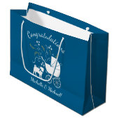 プグ犬の赤ちゃんシャワー少年ブルーと弓 ラージペーパーバッグ (正面アングル)