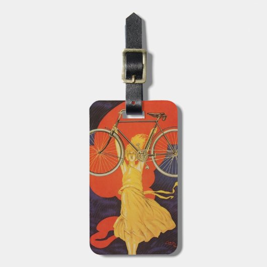 プジョーによってはバイクの女性のパリの芸術的な広告が自転車に乗ります ラゲッジタグ (正面縦)