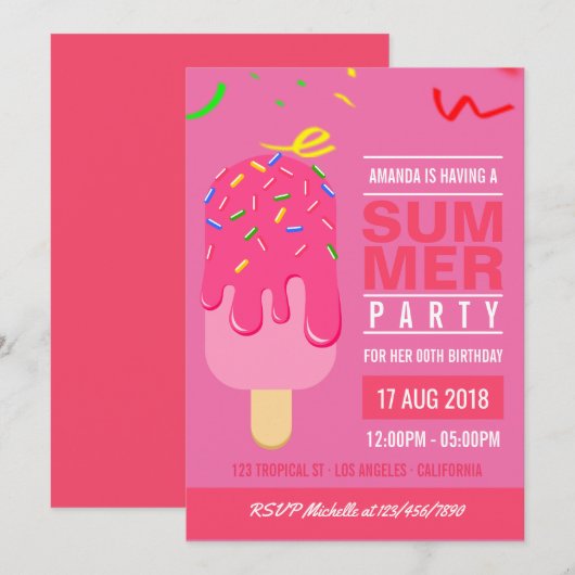 プチアイスの夏の女の子の誕生日パーティーの招待状 招待状 (正面/裏面)