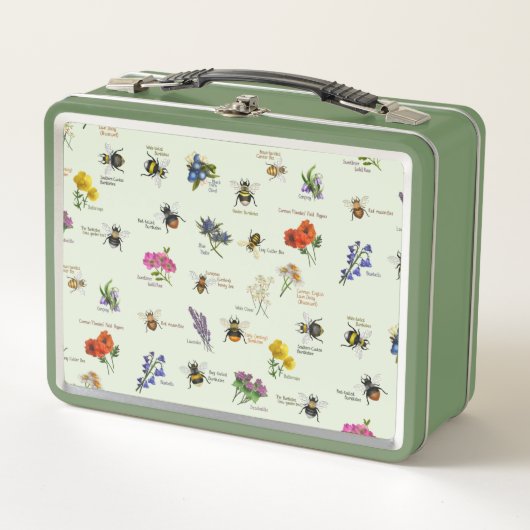 プチアート |ブリティッシュ・ビーとワイルドフラワー |緑 メタルランチボックス (正面)