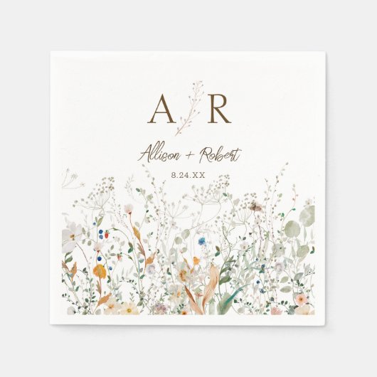 プチワイルドフラワーモノグラム結婚ズ スタンダードカクテルナプキン (正面)
