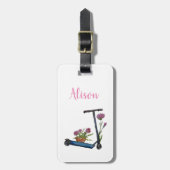 プッシュスクーター&フラワーウォーターカラーアートラゲージタグ ラゲッジタグ (正面縦)