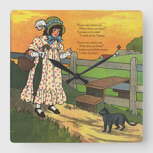 プッシー・キャットどこにいたの？マザーグースライム スクエア壁時計 (正面)