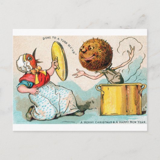 プディングがバードレディを攻撃するクリスマスカード ポストカード (正面)