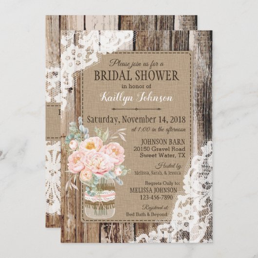 プニーズウッドレース素朴ブライダルシャワー 招待状 (正面/裏面)