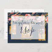 プニーズネイビー素朴サンゴフローラ披露宴ディナー インビテーションポストカード (正面/裏面)