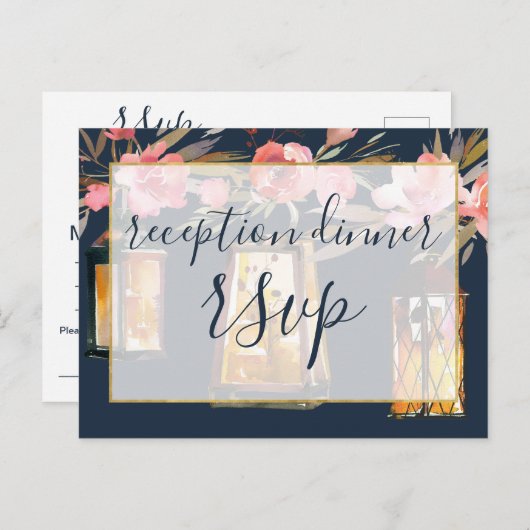 プニーズネイビー素朴サンゴフローラ披露宴ディナー インビテーションポストカード (正面/裏面)