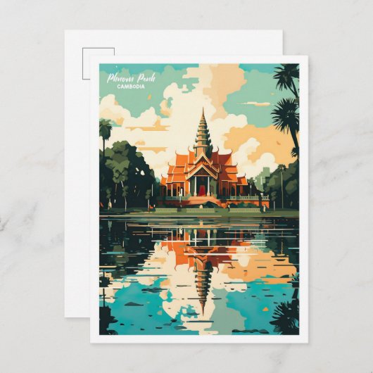 プノンペンカンボジアヴィンテージトラベルイラストレーション ポストカード (正面/裏面)