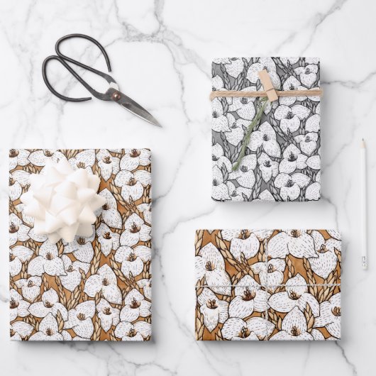 プヤフラワーフローラルパターンセピアブラウングレーホワイト ラッピングペーパーシート (正面)