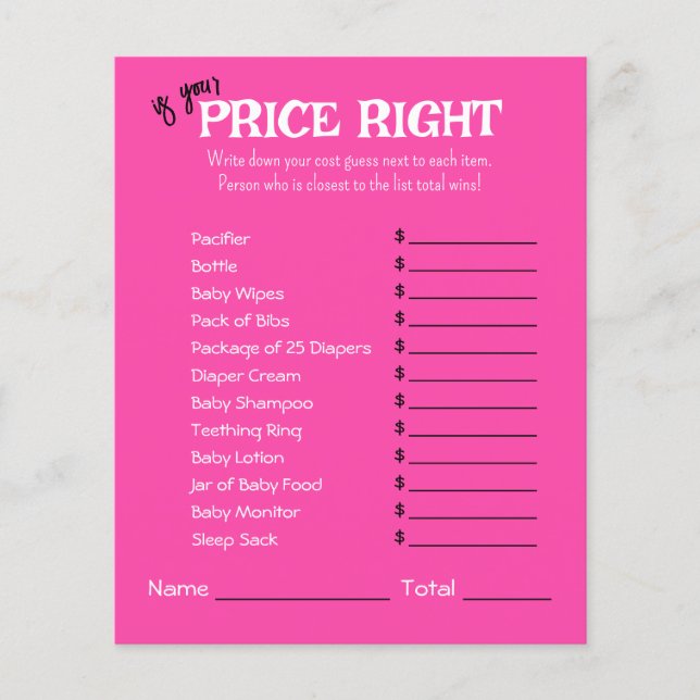 プライス右ベビーシャワーゲーム紙シート (正面)