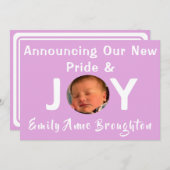 プライドと喜び赤ちゃん女の子の写真の誕生のお知らせ 招待状 (正面/裏面)