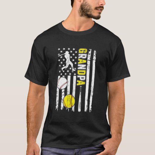 プライドを胸に野球ソフトボールおじいちゃんアメリカ国旗 Tシャツ (正面)