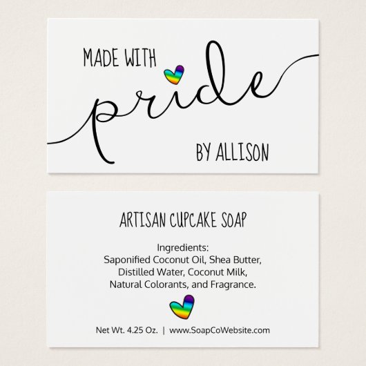 プライドを込めて作られた虹色のハートのLGBTQギフトタグ (正面&裏面)