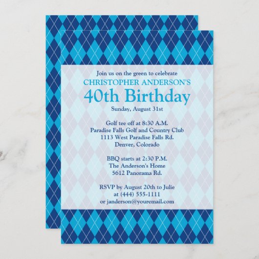 プライドアーガイルネイビーブルーゴルフ40歳の誕生日 招待状 (正面/裏面)