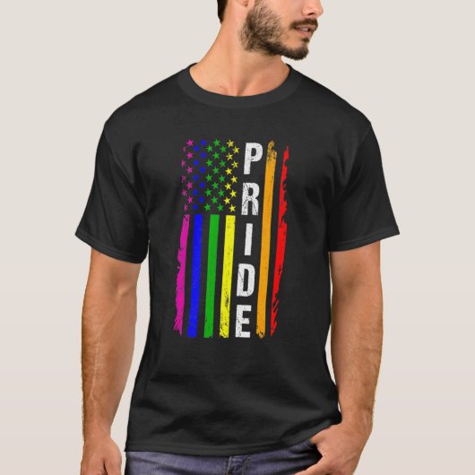プライドゲイ米国国旗レトロLGBTトランスジェンダー認識度 Tシャツ (正面)