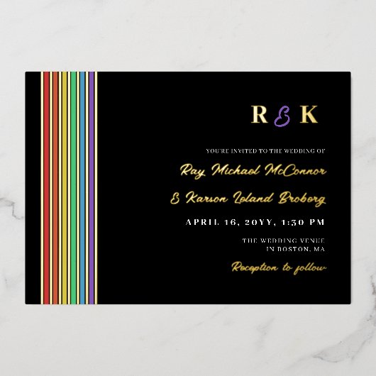プライドストライプモノグラムインフォーマルLGBT結婚ズ 箔招待状 (正面)