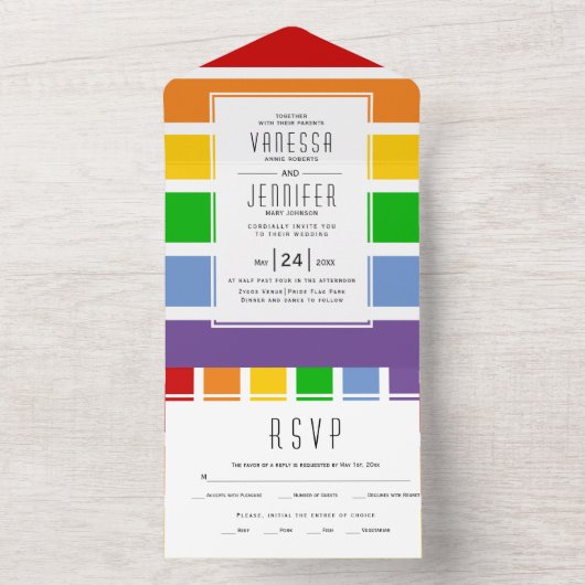 プライドストライプ国旗のゲイ、レ結婚ズビアンすべて1つ オールインワン招待状 (内側)