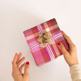 プライドタータンチェックモダンクリスマスホットピンク、サーモン ラッピングペーパー