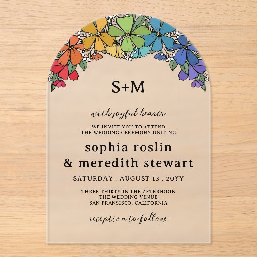 プライドフラワーアーチモノグラム結婚LGBT アクリル招待状 (正面)