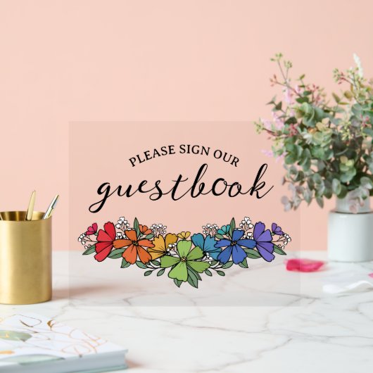 プライドレインボーフラワーズLGBTサインゲストブック アクリルサイン (ウェディング)