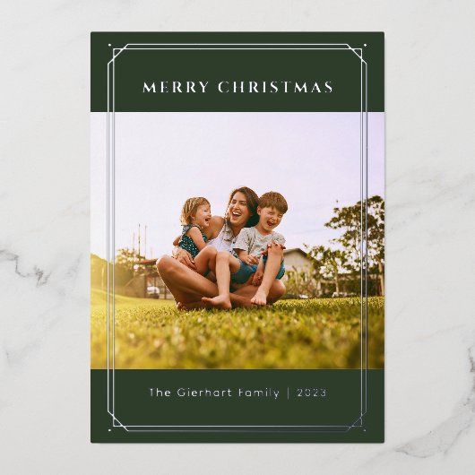 プライド家族の写真幾何学模様クリスマスシルバー 箔シーズンカード (正面)