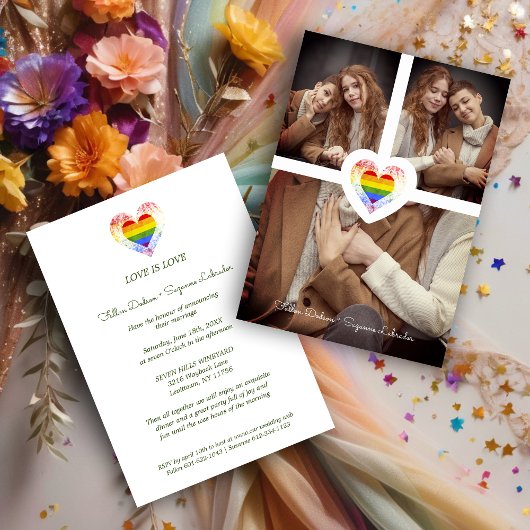 プライド レインボー ハート レズビアン ゲイ ウェディング 3枚の写真 招待状